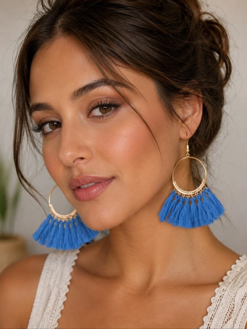 Gold Hoop Earrings Blue Thread Tassels Classic Boho Fashion Jewelry Accessories